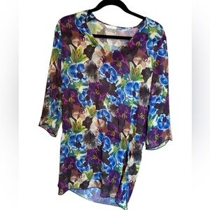 AQUA Tropical Floral 3/4 Sleeve COVER UP Dress Swim Trip Women Beach Cottage